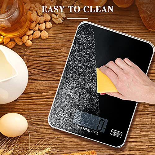 Báscula de Cocina Digital de Alta Precisión, Balanza de Alimentos Multifuncional, Control Táctil Inteligente, Función de Tara, Panel de Vidrio Templado Lavable, Balanza Cocina 5 kg/ 11 lbs (Negro)