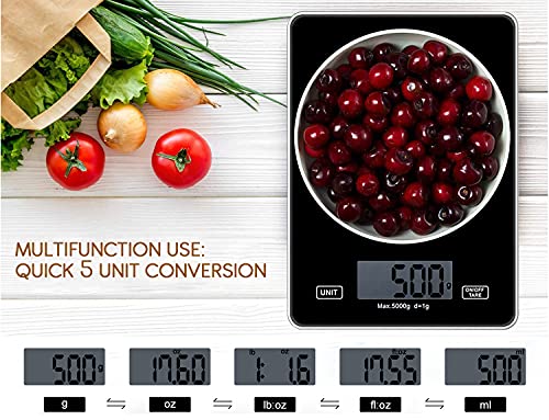 Báscula de Cocina Digital de Alta Precisión, Balanza de Alimentos Multifuncional, Control Táctil Inteligente, Función de Tara, Panel de Vidrio Templado Lavable, Balanza Cocina 5 kg/ 11 lbs (Negro)