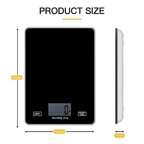 Báscula de Cocina Digital de Alta Precisión, Balanza de Alimentos Multifuncional, Control Táctil Inteligente, Función de Tara, Panel de Vidrio Templado Lavable, Balanza Cocina 5 kg/ 11 lbs (Negro)