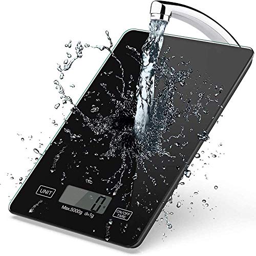 Báscula de Cocina Digital de Alta Precisión, Balanza de Alimentos Multifuncional, Control Táctil Inteligente, Función de Tara, Panel de Vidrio Templado Lavable, Balanza Cocina 5 kg/ 11 lbs (Negro)
