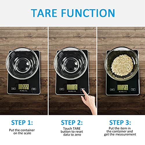 Báscula de Cocina Digital de Alta Precisión, Balanza de Alimentos Multifuncional, Control Táctil Inteligente, Función de Tara, Panel de Vidrio Templado Lavable, Balanza Cocina 5 kg/ 11 lbs (Negro)