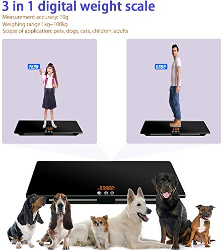 Báscula Digital para Mascota, Medición de Peso de Perro y Gato con 3 Modos de Pesaje (kg, oz, lb) Capacidad de 220 Libras con Precisión de 10g, Negro 25.6 17.7 pulgadas