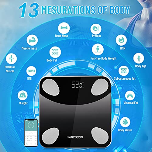 Bascula Grasa Corporal y Muscular, WOWDSGN Báscula Inteligente Bluetooth, Medición de Alta Precisión el Peso Corporal, Monitor de BMI, Grasa Visceral, Masa Muscular