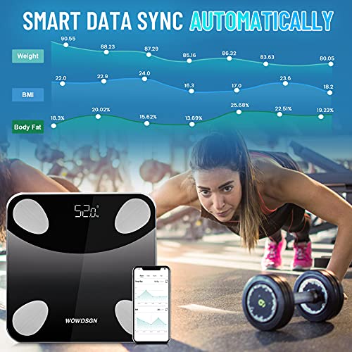 Bascula Grasa Corporal y Muscular, WOWDSGN Báscula Inteligente Bluetooth, Medición de Alta Precisión el Peso Corporal, Monitor de BMI, Grasa Visceral, Masa Muscular