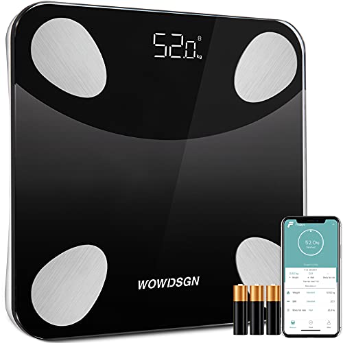 Bascula Grasa Corporal y Muscular, WOWDSGN Báscula Inteligente Bluetooth, Medición de Alta Precisión el Peso Corporal, Monitor de BMI, Grasa Visceral, Masa Muscular