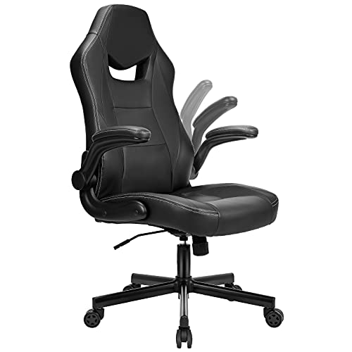 BASETBL Silla Oficina Ergonómica, Silla Gaming Cuero PU con Altura Ajustable, Silla Racing Butaca Plegable, Silla Escritoria Giratoria, Carga Máx 150kg (Negro)
