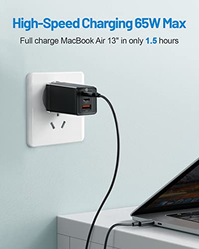 Baseus Cargador USB C 65W GAN Tech, Cargador Portatil Movil Universal con Power Delivery USB Multiple PD Carga rapida para iPhone 12 Pro MAX, MacBook,iPad Pro,Samsung,Pixel,Huawei,USB-C Laptop(Negro)