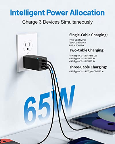 Baseus Cargador USB C 65W GAN Tech, Cargador Portatil Movil Universal con Power Delivery USB Multiple PD Carga rapida para iPhone 12 Pro MAX, MacBook,iPad Pro,Samsung,Pixel,Huawei,USB-C Laptop(Negro)