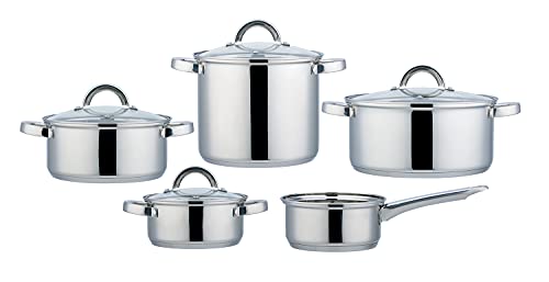 Bastilipo - Suiza 9 inox - Set Batería de cocina 9 piezas de acero inoxidable AISI 430 con tapas de cristal templado con válvula - Apto para cocinas de gas, eléctrica, vitrocerámica e inducción