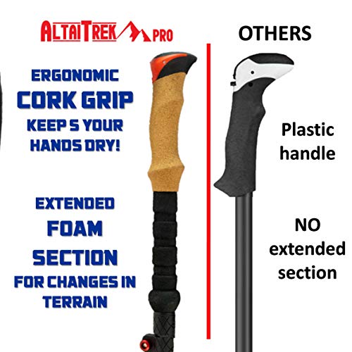 Bastones de trekking telescópicos de fibra de carbono AltaiTrek PRO con sistema de bloqueo rápido, ultraligeros para senderismo, montaña, camping. Mango de corcho natural.