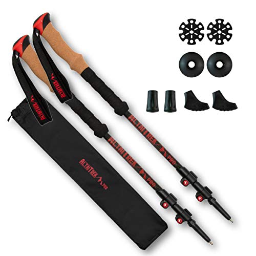 Bastones de trekking telescópicos de fibra de carbono AltaiTrek PRO con sistema de bloqueo rápido, ultraligeros para senderismo, montaña, camping. Mango de corcho natural.