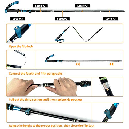 Bastones Trekking Plegable, Wisdom1674 Bastón de Senderismo Ajustables, Mango Ergonómico Palillo de Escalada Ultraligero con Bolsas, Bastones Marcha Nórdica para Senderismo Viaje, Fitness, Montañismo
