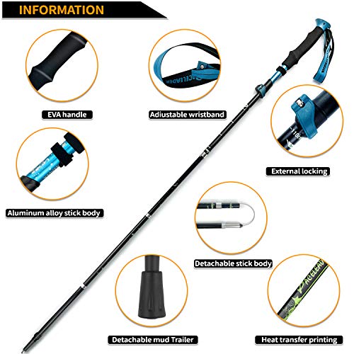 Bastones Trekking Plegable, Wisdom1674 Bastón de Senderismo Ajustables, Mango Ergonómico Palillo de Escalada Ultraligero con Bolsas, Bastones Marcha Nórdica para Senderismo Viaje, Fitness, Montañismo