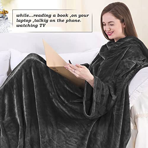 BataManta Mujer Polar Invierno - Bata Manta Hombre para Sofa, Manta con Mangas con Bolsillo Frontal, Blanket de Tejido Felpa Suave y Acogedor, Negro ,170x200cm