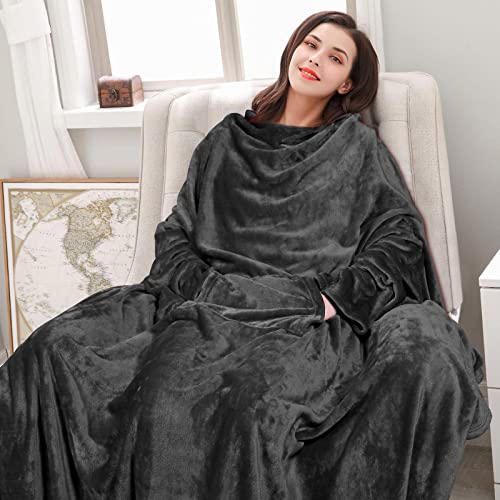 BataManta Mujer Polar Invierno - Bata Manta Hombre para Sofa, Manta con Mangas con Bolsillo Frontal, Blanket de Tejido Felpa Suave y Acogedor, Negro ,170x200cm