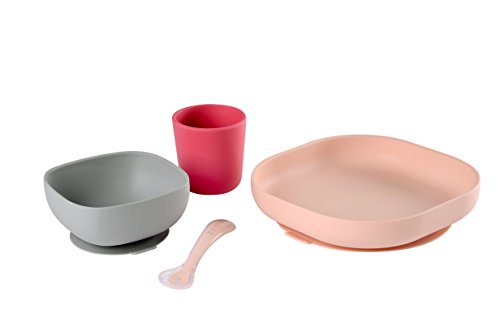 BÉABA Juego de Vajilla en Silicona Infantil, Ventosa resistente, Set de 4 Piezas para bebé, Plato + Bol + Taza + Cuchara, Alta calidad, Accesorios para el Aprendizaje de bebé, Rosa