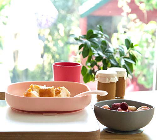 BÉABA Juego de Vajilla en Silicona Infantil, Ventosa resistente, Set de 4 Piezas para bebé, Plato + Bol + Taza + Cuchara, Alta calidad, Accesorios para el Aprendizaje de bebé, Rosa