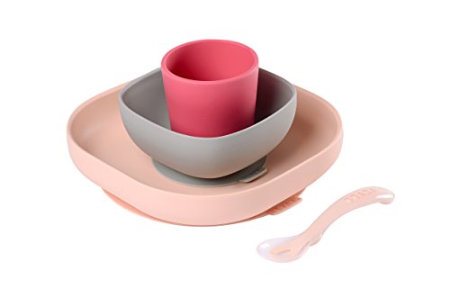BÉABA Juego de Vajilla en Silicona Infantil, Ventosa resistente, Set de 4 Piezas para bebé, Plato + Bol + Taza + Cuchara, Alta calidad, Accesorios para el Aprendizaje de bebé, Rosa