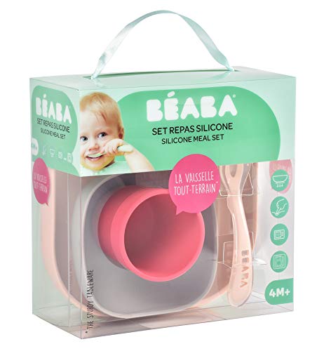 BÉABA Juego de Vajilla en Silicona Infantil, Ventosa resistente, Set de 4 Piezas para bebé, Plato + Bol + Taza + Cuchara, Alta calidad, Accesorios para el Aprendizaje de bebé, Rosa