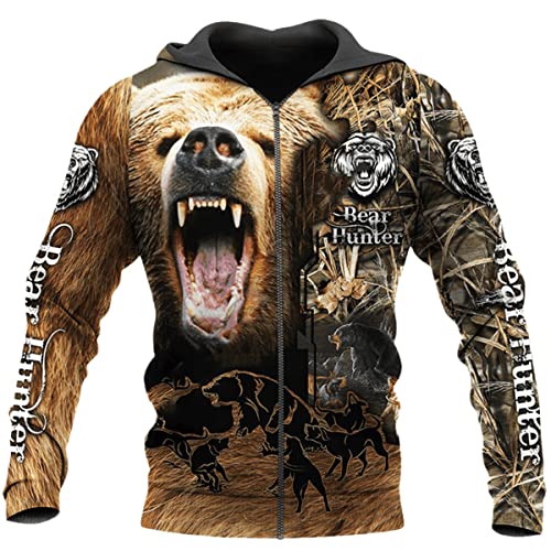 Bear Hunting Camo 3D All Over Print Sudadera con capucha para hombres/mujeres Harajuku Moda Animal Hoodie, Sudadera con cremallera, XS