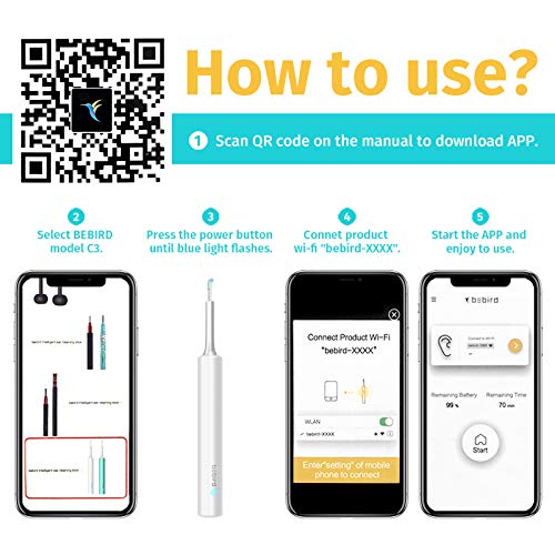 BEBIRD C3 Otoscopio Limpiador de oídos herramienta de eliminación de cera para endoscopio con cámara 1080P HD para teléfonos inteligentes iPhone, iPad y Android （Blanco）