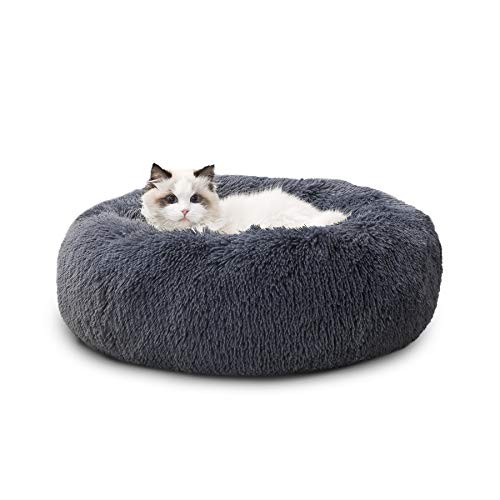 Bedsure Cama Gato Antiestres Invierno - Cama Perro Pequeño con Felpa Suave, Cojin Mascota de Pelo Relajante y Lavable, Gris Oscuro, 50x50cm