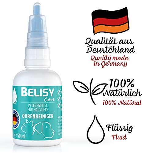 BELISY > Limpiador de oídos < para perros, gatos y animales pequeños – 50 ml – 100% aceite natural para el cuidado de los oídos – gotas contra picor, inflamaciones y ácaros – sin alcohol.