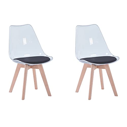 BenyLed Juego de 2 sillas de Comedor de Estilo escandinavo, sillas Laterales de acrílico Transparente de diseño Retro, Silla de Cristal con cojín de Asiento de Lino (Negro)
