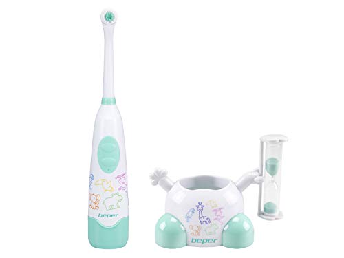 BEPER 40.918 Cepillo de dientes eléctrico con reloj de arena de 3 minutos para mantener el tiempo de limpieza a los niños, funciona con 2 pilas AA, Fantasía Animales de Colores