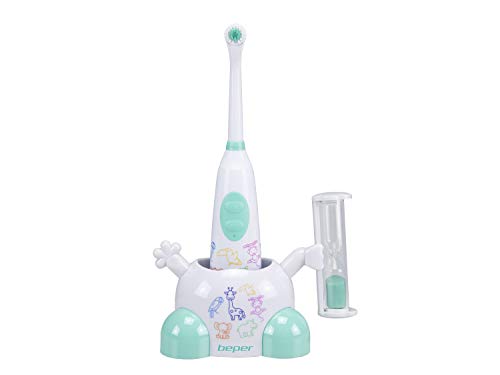BEPER 40.918 Cepillo de dientes eléctrico con reloj de arena de 3 minutos para mantener el tiempo de limpieza a los niños, funciona con 2 pilas AA, Fantasía Animales de Colores