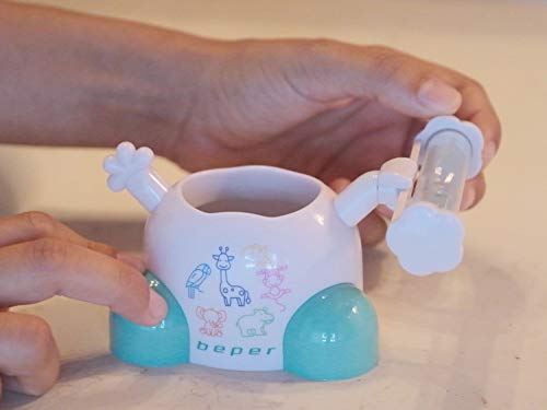 BEPER 40.918 Cepillo de dientes eléctrico con reloj de arena de 3 minutos para mantener el tiempo de limpieza a los niños, funciona con 2 pilas AA, Fantasía Animales de Colores