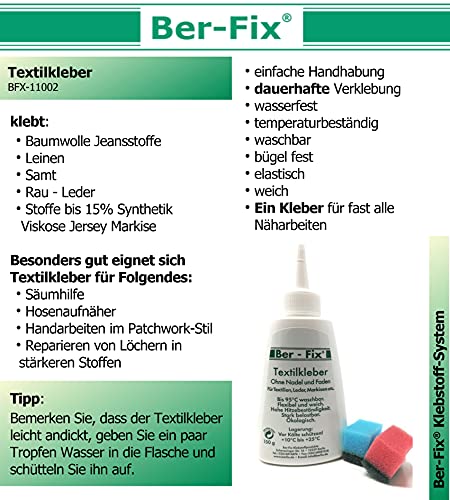 BER-fix pegamento textil lavable a 95° para piel, piel sintética, fibra, textiles de neopreno (150 ml)