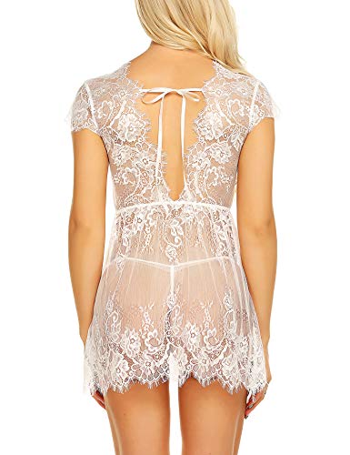 BESDEL Camisones de encaje con pestañas, cuello en V, correa ajustable y cintura elástica, para lencería nupcial, luna de miel, día de San Valentín, aniversario, Navidad para mujer [grande] Blanco