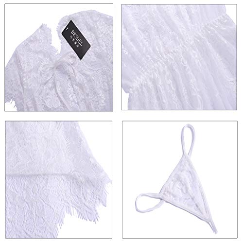 BESDEL Camisones de encaje con pestañas, cuello en V, correa ajustable y cintura elástica, para lencería nupcial, luna de miel, día de San Valentín, aniversario, Navidad para mujer [grande] Blanco
