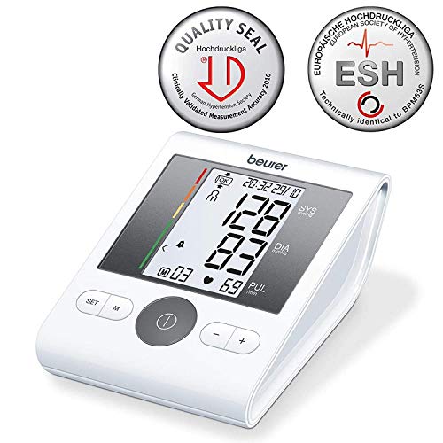 Beurer BM28 - Tensiometro de brazo, para tomar la presión arterial, con indicador de arritmia, pantalla clara, 2 horas alarma ajustable, manguito universal, memoria 4 x 30 mediciones, color blanco