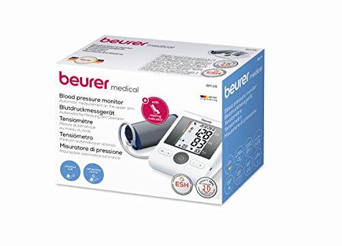 Beurer BM28 - Tensiometro de brazo, para tomar la presión arterial, con indicador de arritmia, pantalla clara, 2 horas alarma ajustable, manguito universal, memoria 4 x 30 mediciones, color blanco
