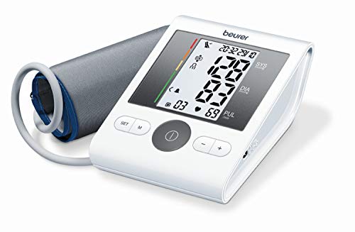 Beurer BM28 - Tensiometro de brazo, para tomar la presión arterial, con indicador de arritmia, pantalla clara, 2 horas alarma ajustable, manguito universal, memoria 4 x 30 mediciones, color blanco
