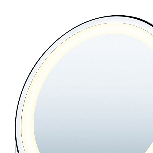 Beurer BS 49 Espejo maquillaje con luz LED brillante (12 LEDs), espejo pivotante, 2 espejos en 1, cara vista normal, uno con aumento x 5, 17,5 x 19 x 10 cm, Blanco con Acabados Cromados