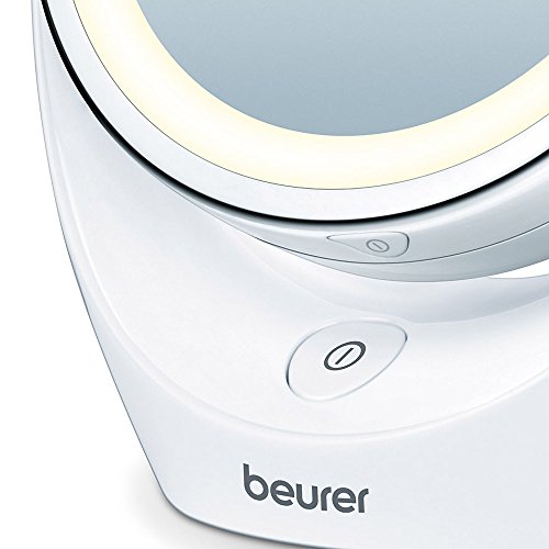 Beurer BS 49 Espejo maquillaje con luz LED brillante (12 LEDs), espejo pivotante, 2 espejos en 1, cara vista normal, uno con aumento x 5, 17,5 x 19 x 10 cm, Blanco con Acabados Cromados