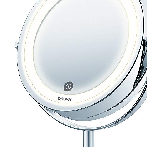 Beurer BS 55 Espejo maquillaje con luz, luz LED brillante (18 LEDs), espejo pivotante, encendido con sensor táctil, 1 cara con vista normal, 1 cara con  vista de aumento (x7), acabados cromados