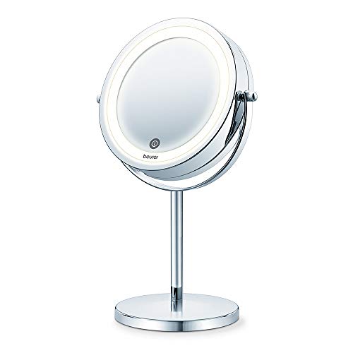 Beurer BS 55 Espejo maquillaje con luz, luz LED brillante (18 LEDs), espejo pivotante, encendido con sensor táctil, 1 cara con vista normal, 1 cara con  vista de aumento (x7), acabados cromados