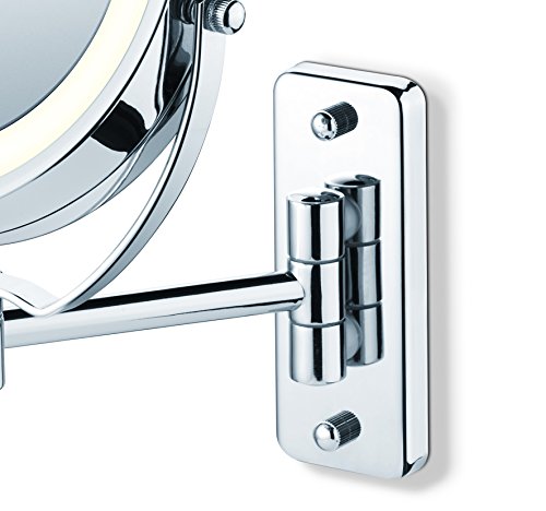 Beurer BS59 - Espejo maquillaje con luz LED, con brazo para pared, 2 espejos en 1, 1 cara vista normal, 1 cara con aumento x5, espejo estraible del brazo, color plata