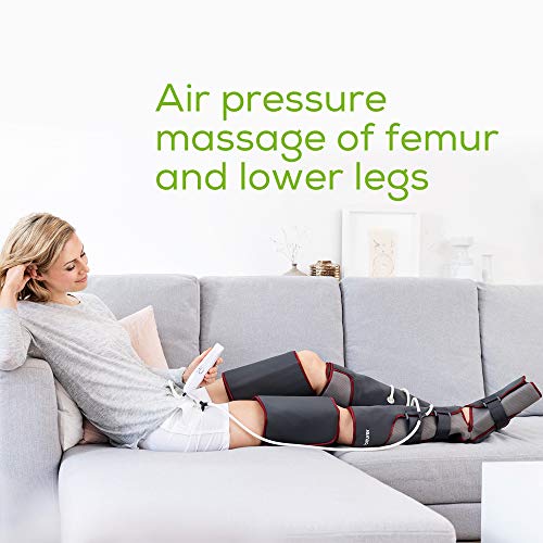 Beurer FM150 Pro Botas de Presoterapia de uso doméstico, masaje de presión, 4 manguitos, botón seguridad apagado automático, bolsa para guardar, negro rojo