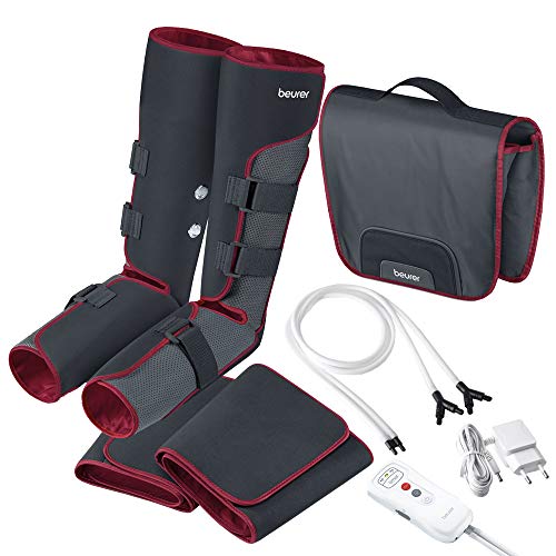 Beurer FM150 Pro Botas de Presoterapia de uso doméstico, masaje de presión, 4 manguitos, botón seguridad apagado automático, bolsa para guardar, negro rojo