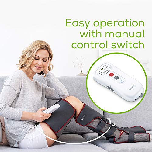 Beurer FM150 Pro Botas de Presoterapia de uso doméstico, masaje de presión, 4 manguitos, botón seguridad apagado automático, bolsa para guardar, negro rojo