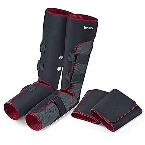 Beurer FM150 Pro Botas de Presoterapia de uso doméstico, masaje de presión, 4 manguitos, botón seguridad apagado automático, bolsa para guardar, negro rojo