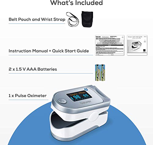 Beurer PO 60 Pulsioxímetro con Bluetooth, medición de la saturación de oxígeno (SpO₂) y de la frecuencia cardíaca (pulso), aplicación "beurer HealthManager", pantalla en color, sin dolor