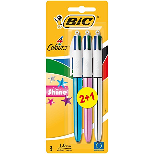 BIC 4 Colores Bolígrafos Retráctiles, Shine, Colores Metálicos, Punta Media (1,0mm), Blíster de 3 Bolis