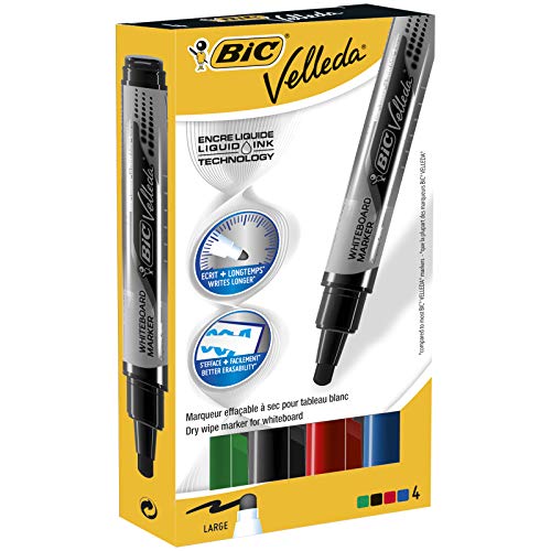 BIC Velleda Rollo Adhesivo Pizarra Blanca (100 x 200 cm) + Tank Rotuladores de Pizarra Punta Ancha para pizarra blanca – Surtidos, Blíster de 4 Unidades