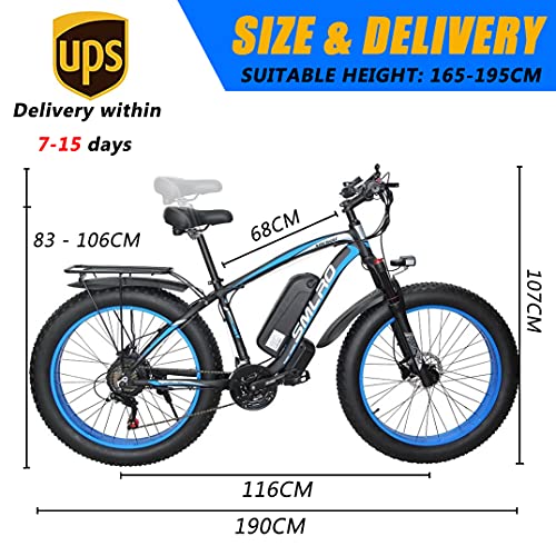 Bicicleta Eléctrica E-MTB 26", Bicicleta de Montaña con 4,0 Neumáticos Gordos Batería Litio 48V 13Ah, 80N.m, Shimano 21vel, Freno de Disco, EU Warehouse (Azul)